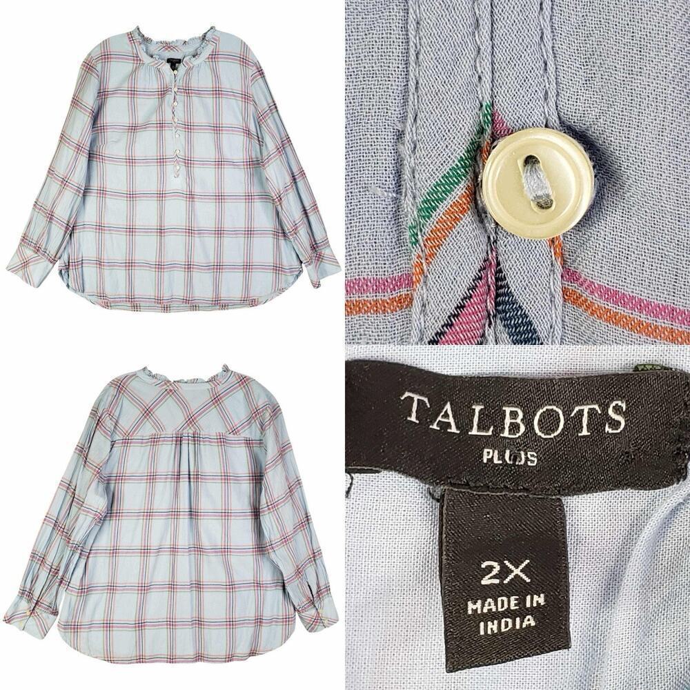 Talbots Tunic Top Plus Size 2X Women’s Popover Blouse Cotton Blue Plaid LS